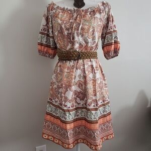 WOMEN'S WIDE SHOULDER PRINTED FLORAL DRESS. (BELT NOT INCLUDED JUST FOR PROPS)